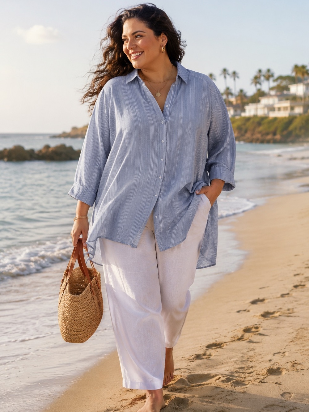 Lane Bryant Striped Button Shirt Blue White Plus Size Coastal Chic Tunic 22/24